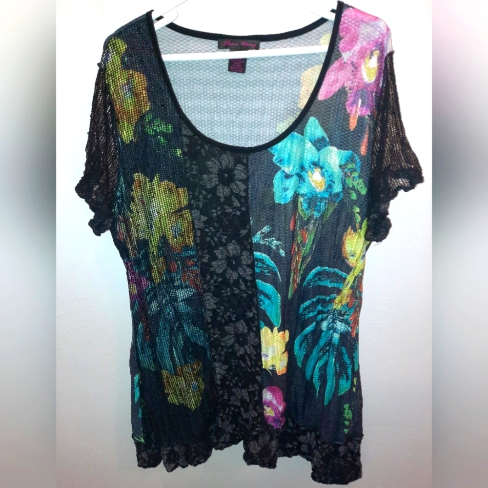 Elena Wang size XL beautiful muti color mesh, lace short sleeve top EUC
